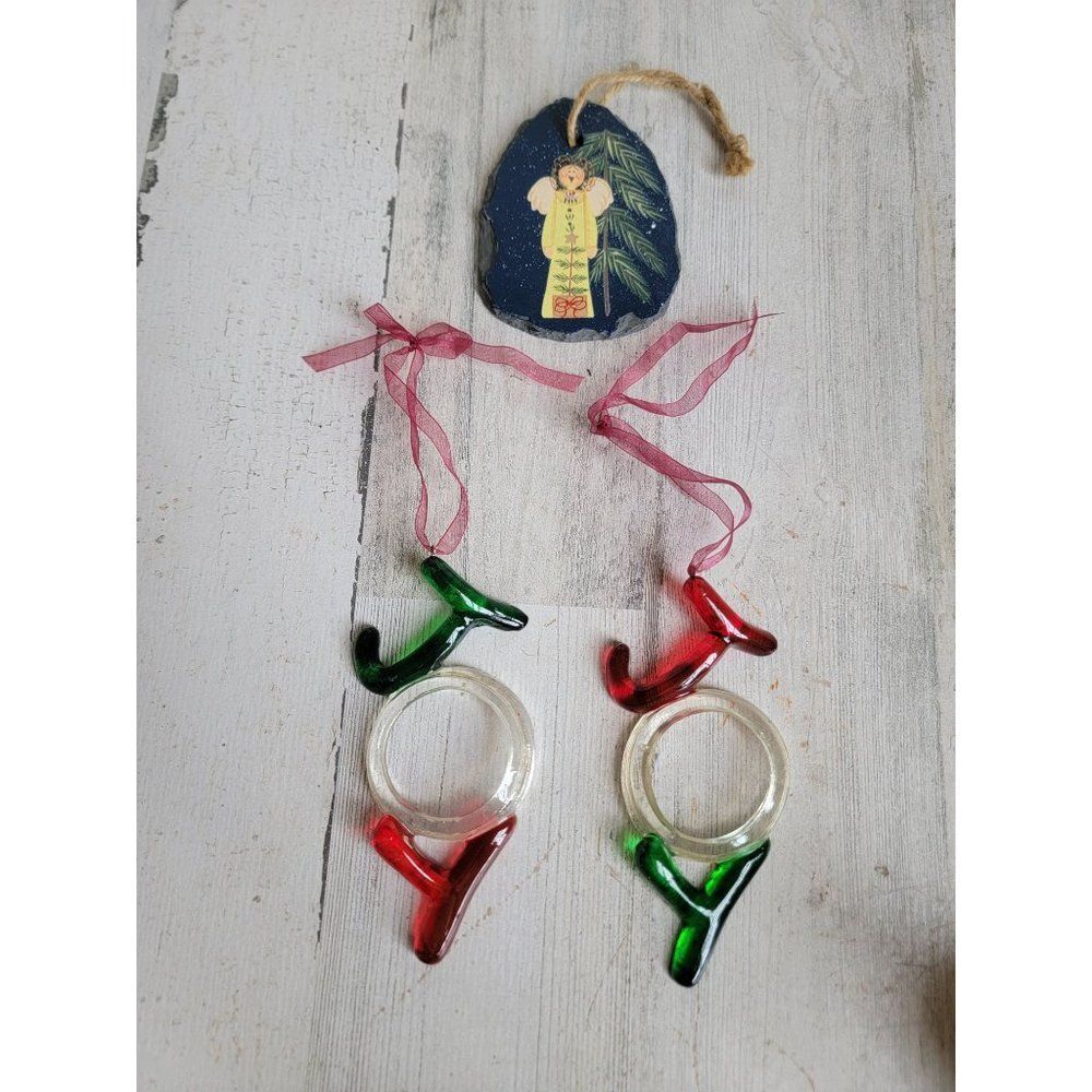 Joy to the World Angel cherub set xmas ornament snow mistletoe